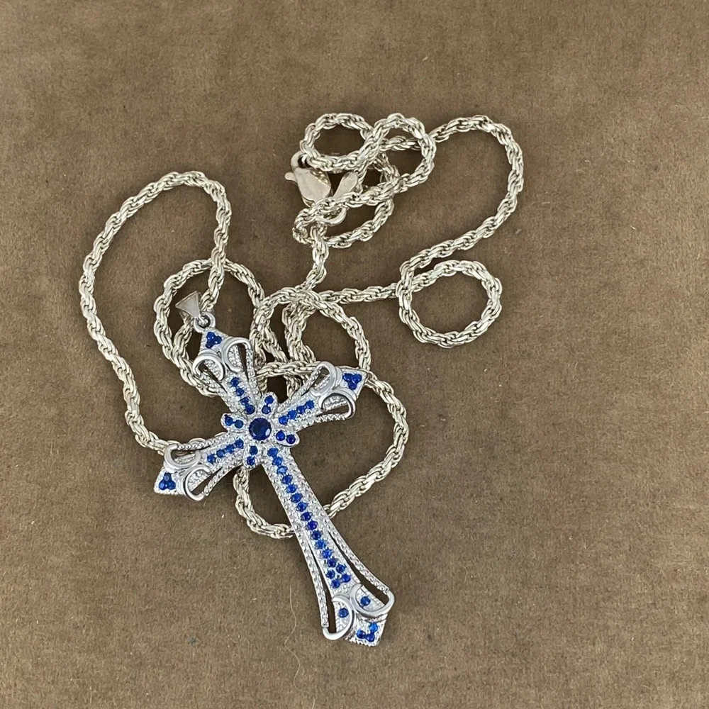 Sold Blue Sapphires 925 Silver Cross - Picture 3 of 10